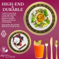 Elegant Disposable Plastic Dinnerware Set for 60 Guests Fancy White with Black & Gold Royal Rim Dinner Plates Dessert Salad Plates Silverware Set & Cups For Wedding Birthday Party & All Occasions