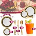 Elegant Disposable Plastic Dinnerware Set for 60 Guests Fancy White with Black & Gold Royal Rim Dinner Plates Dessert Salad Plates Silverware Set & Cups For Wedding Birthday Party & All Occasions