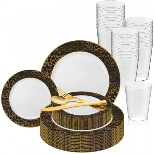 Elegant Disposable Plastic Dinnerware Set for 60 Guests Fancy White with Black & Gold Mosaic Dinner Plates Dessert Salad Plates Silverware Set & Cups For Wedding Birthday Party & All Occasions