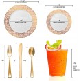 Elegant Disposable Plastic Dinnerware Set for 60 Guests Fancy White with Pink & Gold Mosaic Rim Dinner Plates Dessert Salad Plates Silverware Set & Cups For Wedding Birthday Party & All Occasions