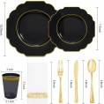 Hioasis 140pcs Clear Black Plastic Plates with Gold Plastic Silverware Served for 20Guests include 20Dinner Plates,20Dessert Plates,20Knives,20Forks,20Spoons,20Cups,20Napkins for Weddings & Parties