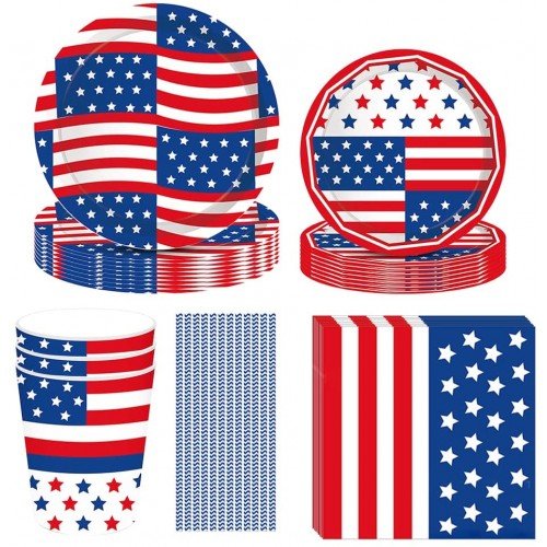 Kicpot 69 Pcs National Day Flag Pentagram Tableware Set Party Supplies Cutlery Set with Paper Plates Cups Napkins Straws for Birthday Party Festival Day Decorations 8 Guests