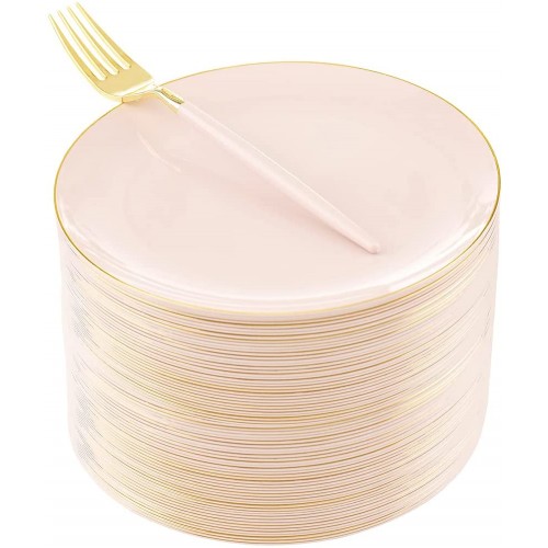 LIYH 48pcs Pink Plastic Plates with 48pcs Pink Dessert Forks,Gold and Pink Desert Plates,Plastic Salad Plates,Party Appetizer Plates,Perfect for Parties & Wedding & Afternoon Tea Party