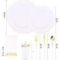 Nervure 140pcs Scalloped Gold Plastic Plates & Gold Plastic Silverware with White Handle :40 Plates 20 Cups 20 Forks 20 Knives 20 Spoons 20 Napkins Perfect for Parties & Weddings
