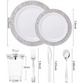 Nervure 150PCS Silver Plastic Plates Disposable Silver Lace Plates Sets for 25 Guests: 25 Dinner Plates 25 Dessert Plates 25 Forks 25 Knives 25 Spoons 25 Cups for Weddings & Party