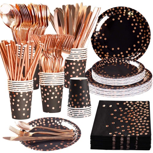 OUGOLD Black and Rose Gold Paper Plate Services 25 Rose Gold Party Supplies Cups Napkins Knives Forks Spoons for Wedding Bridal Shower Birthday Party Decorations