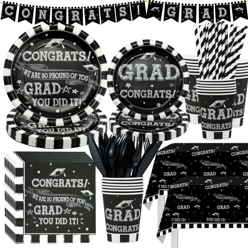 PYCALOW Graduation Party Supplies 2022 Tableware Graduation Decorations Dinnerware Set Includes Banner Plates Napkins Cups Tablecloth Cutlery Straws Congrats Grad Party Supplies | Serves 24