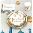 Ramadan Mubarak paper plates 89pcs tableware set,includes 16pieces of 9-inch tableware plates,16pieces of 7-inch dessert plates,16pieces of 9-ounce cold drink cups 40 napkins and 1tablecloth