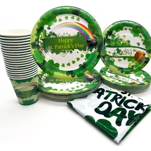 St Patrick's Day Tableware Set Party Supplies Shamrock Paper Plates Decorations Green Clover Dishes Irish-Themed Event Disposable Plates Luck Party Decor Plates Cups Tablecloth