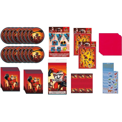 The Incredibles Birthday Party Supplies Decoration Favor Deluxe Bundle Pack includes Dessert Plates Nakins Table Cover. 5 Piece Decoration Kit Loot Bags Stickers Dinosaur Stickers Bundle for 16
