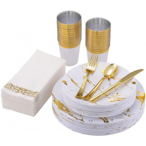 vplus 175PCS Gold Marbling Plastic Dinnerware .Halloween Disposable Dinnerware Sets Include 25 Dinner Plates,25 Dessert Plates,25 Forks,25 Knives,25 Spoons,25 Cups,25 Napkins White Gold