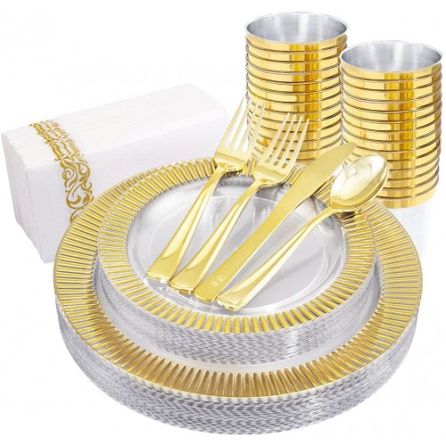 YOUBET 20Guest Clear Plastic Plates with Gold -Gold Plastic Silverware-Gold Disposable Cups-include 20 Dinner Plates 20 Salad Plates 40 Forks 20 Knives 20 Spoons &20Plastic Cups