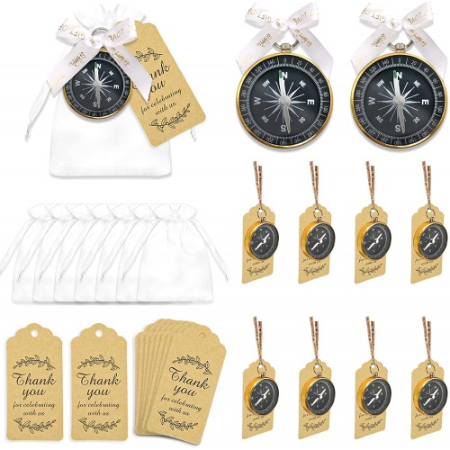 12 Packs Total 60PCS Compass Party Favors Wedding Favors for Guests,Compass Souvenir Gift with Mini Compass,Kraft Tags,Organza Bag Exquisite Bowknot and Kraft Paper Tie for Travel Adventure Wedding Party Baby Shower