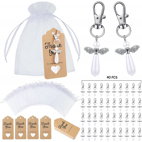 120 Pieces Angel Design Keychain Favors Set Metal Angel Pendant Keychain Key Ring Thank You Kraft Tags Organza Bags Baptism Favors for Baby Shower Bridal Shower Wedding Party Supplies
