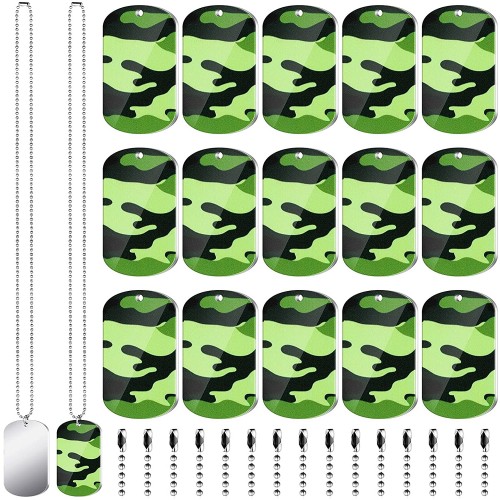 15 Pieces Camouflage Dog Tags for Kids Dog Tags Military Necklaces Green Camouflage Pattern Metal Tag with Chain for Dog Soldier Military Theme Birthday Party