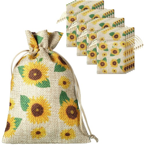 20 Pieces Sunflower Burlap Bags Sunflower Drawstring Pouch Treat Bags Sunflower Burlap Bags with Drawstring for Wedding Birthday Party Favor Supplies