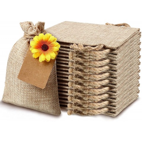 20 Pieces Sunflower Burlap Bags with Drawstring Linen Drawstring Pouches Treat Bags with Fake Sunflower Decorations and Present Tags for Wedding Birthday Party Favor Supplies