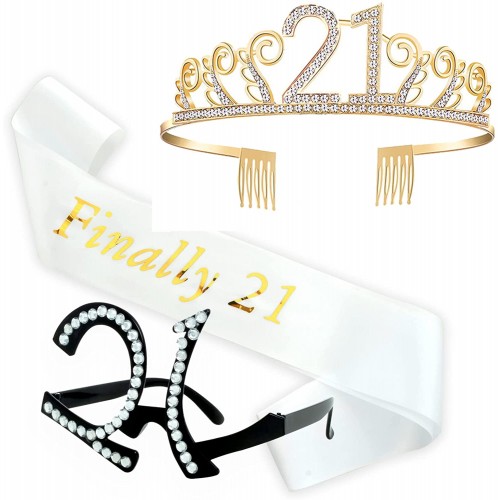 21st Birthday Decorations for Her 21st Birthday Tiara Sash and Glasses Gift Set for 21 Years Old Party Favor with Gift Box 3 PCS