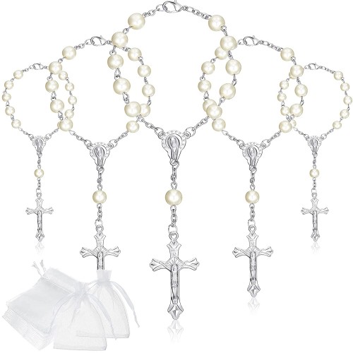 24 Pieces First Communion Gifts Bracelet Girls Charm Baptism Rosary Party Favors Mini Rosaries Baptism Favor Faux Plated Pearl Christening Rosary Beads with Organza Bags for Baby Girl BoySilver