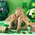 24 Sets St. Patrick's Day Party Favor Bags Shamrock Burlap Bags Rustic Goody Bags Kraft Paper Mini Tags with Rope Craft Hang Tags for Party Festival Label Wedding Irish Holiday Hanging Decor