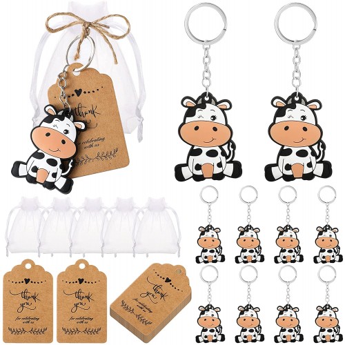 36 Pieces Cow Keychains and 36 Pieces Thank You Kraft Tags with 10 Meters Rope 36 Pieces White Organza Bags for Cow Baby Shower Return Favors Wedding Guests Party Supplies