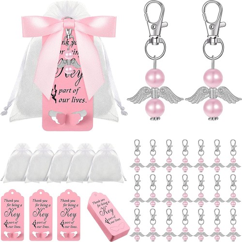 48 Sets Angel Favor Keychains Angel Pearl Beads Pendant Key Chains Plus Angel Wing for Baby Shower Party Favor Pink