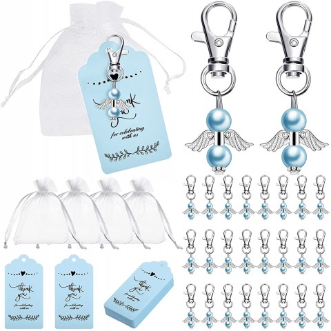 60 Pieces Angel Keychains 60 Pieces White Organza Bags 60 Pieces Thank You Tags Angle Key Chains Baby Shower Favors for Guests Party Favors Wedding Birthday Bridal Party Supplies Blue