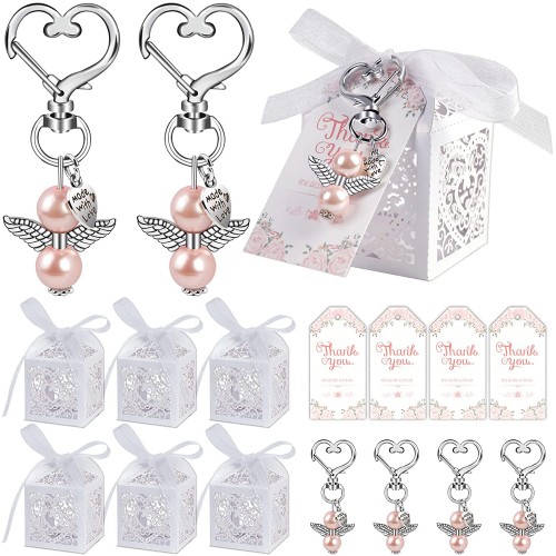 AerWo 48 Sets Baby Shower Favors Including Cute Angel Keychains Favor Boxes and Thank You Cards for Baptism Favors Bridal Shower Favors Wedding Favors Gender Reveal Party Favors Pink