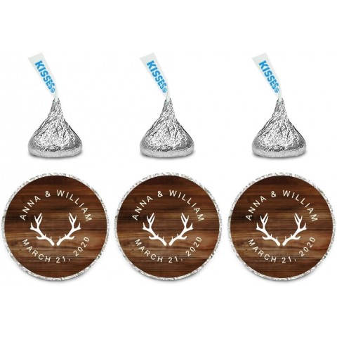 Andaz Press Personalized Wedding Chocolate Drop Labels Round Bride Groom Names and Date Deer Antlers on Rustic Wood 240-Pack Custom for Kisses Party Favors