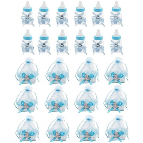 Baby shower favors for boys,12Pcs Baby shower bottles with 12Pcs Organza baby shower candy bags for Baby shower party Supplies guest gifts decorations favors,Blue,Noex directbasket bottle-2