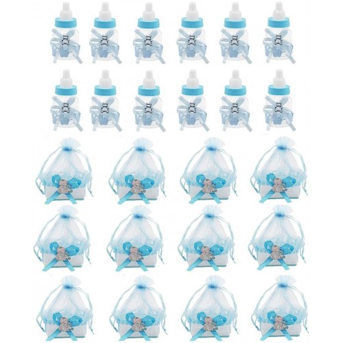 Baby shower favors for boys,12Pcs Baby shower bottles with 12Pcs Organza baby shower candy bags for Baby shower party Supplies guest gifts decorations favors,Blue,Noex directbasket bottle-2