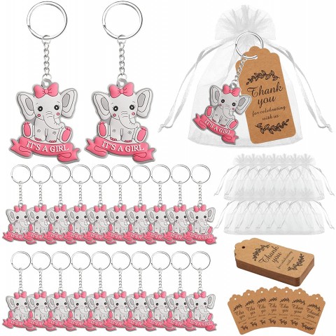 Baby Shower Thank You Elephant Keychain Baby Shower Favor for Girl It's a Girl Party Favors Return Favors Pink with Organza Bags and Thank You Tags for Girls Kids Party Supplies