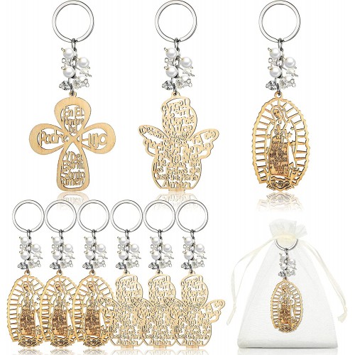 Baptism Key Ring Cross Wooden Keychain First Communion Christening Party Favor with Organza Gift Bags for Baptism