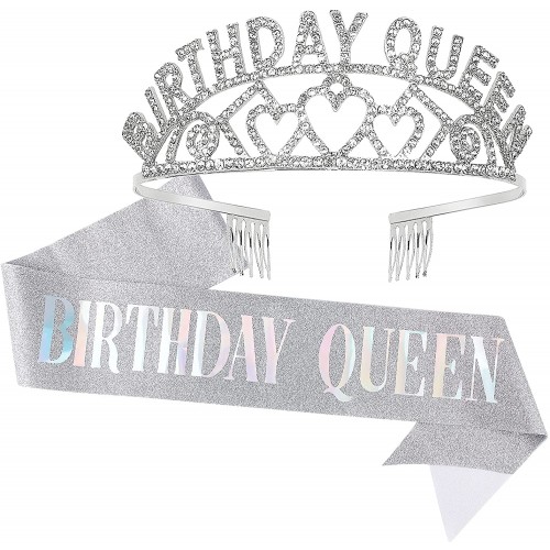 CAVETEE Silver Birthday Queen Crown and Sash- Rhinestone Birthday Tiara and Sash for Women Birthday Party Favors Glitter Birthday Decorations（Multi Color Letter）