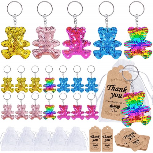 CiciBear 60 Pack Stuffed Bear Sequin Keychains Set with 20 Bear Keychains 20 Thank You Tags and 20 Gift Bags for Bear Party Favors Kids and Adults Birthday Gift,Baby Shower,School Carnival Rewards