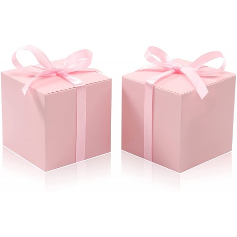 COTOPHER 100pcs Wedding Favor Boxes Paper Gift Boxes 3x3x3 Inches Small Gift Boxes with Ribbons Small Boxes for Gifts Crafting Cupcake Candy Bridesmaid Proposal Boxes，Easy Assemble Boxes Pink 100