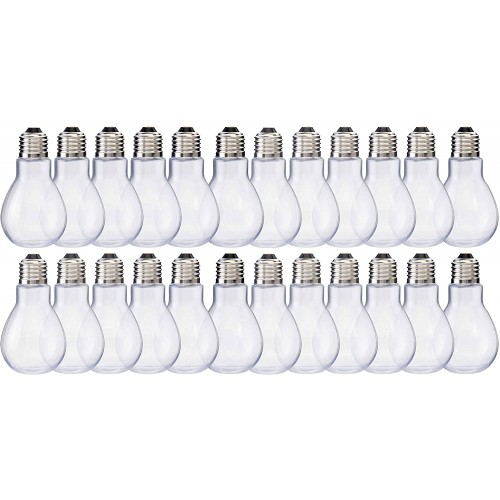 Fillable Light Bulb Containers 24 Pack – Clear Plastic Candy Jars Party Favors Decorative Centerpieces Arts and Crafts Supplies Twist Off Cap Freestanding Bottom 4” Tall – Home Collectives