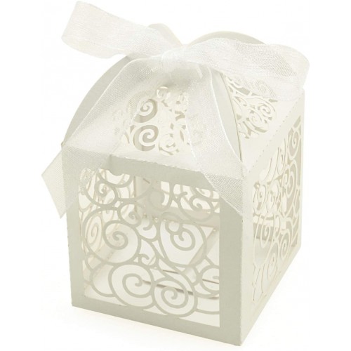 KPOSIYA 100 Pack Wedding Favor Boxes Laser Cut Boxes Party Favor Box Small Gift Boxes Lace Candy Boxes for Wedding Bridal Shower Baby Shower Birthday Party Anniverary with Ribbons White 100
