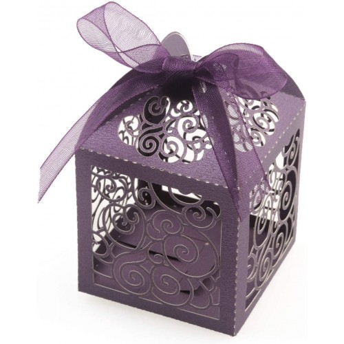KPOSIYA 70 Pack Wedding Favor Boxes Laser Cut Boxes Party Favor Box Small Gift Boxes Lace Candy Boxes for Wedding Bridal Shower Baby Shower Birthday Party Anniverary with Ribbons Purple 70