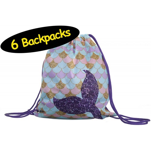 Mermaid Party Favor Drawstring Backpacks Goodie Bags 6-Pack 12x14 inches