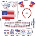 MOVINPE 120 Pcs Patriotic Party Favors 4th of July Accessories Headbands Shutter Shades Glasses Beaded Necklaces Hand Held USA Flags Musical Blow Outs Temporary Tattoos Parades Giveaways