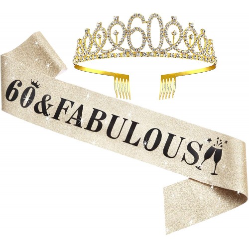 WILLBOND 60th Birthday Sash and Tiara Set 60th Birthday Party Decorations for Women Birthday Party Favors