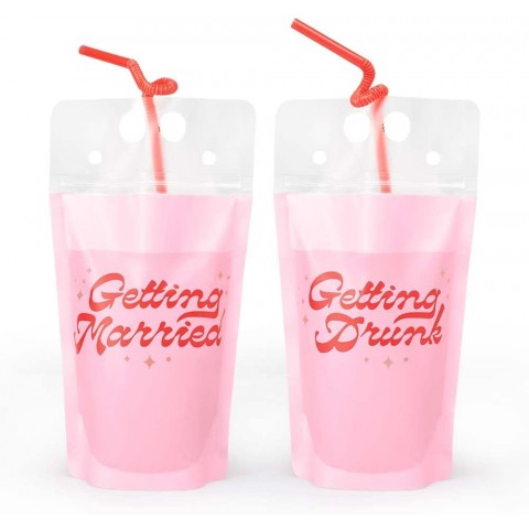 xo Fetti Bachelorette Party Getting Married Drink Pouches 16 count | Bach Party Cups Pink Transparent + Red Favors Bridesmaid Gifts