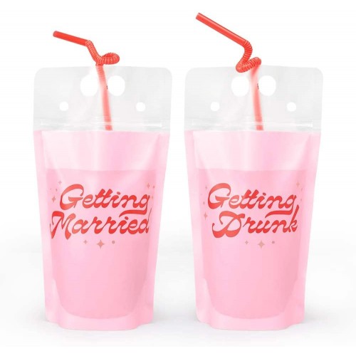 xo Fetti Bachelorette Party Getting Married Drink Pouches 16 count | Bach Party Cups Pink Transparent + Red Favors Bridesmaid Gifts