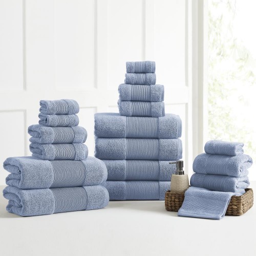 Bathroom Towels| Amrapur Overseas 18-Piece Wedgewood Blue Cotton Bath Towel Set (AC 18pc) - NX85362