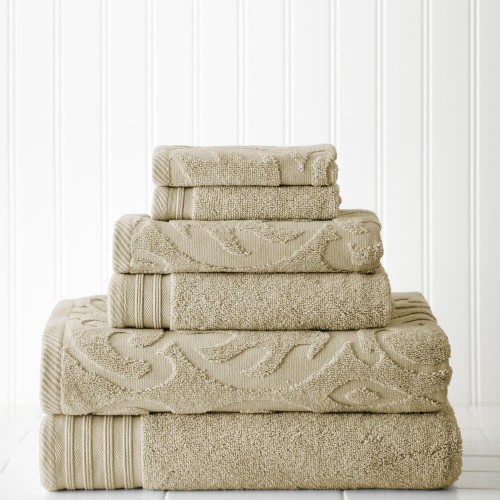 Bathroom Towels| Amrapur Overseas 6-Piece Taupe Cotton Bath Towel Set (Medallion Swirl) - QK90946