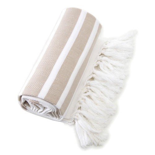 Bathroom Towels| Linum Home Textiles Beige and White Turkish Cotton Beach Towel (Herringbone Beach Towel) - DI07559