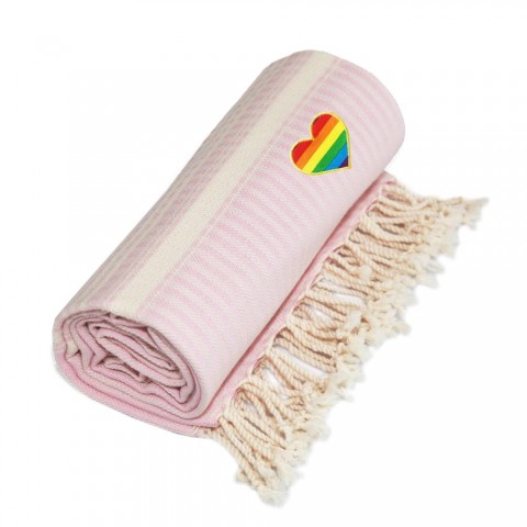 Bathroom Towels| Linum Home Textiles Powder Pink Turkish Cotton Beach Towel (Luxe Herringbone- Rainbow Heart) - PH44284