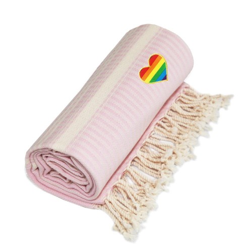 Bathroom Towels| Linum Home Textiles Powder Pink Turkish Cotton Beach Towel (Luxe Herringbone- Rainbow Heart) - PH44284