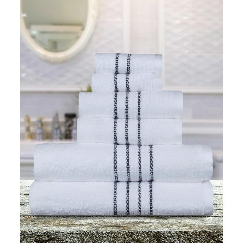 Bathroom Towels| Micro Cotton 6-Piece White/Micro Indigo Cotton Bath Towel Set (Aertex) - FT28292